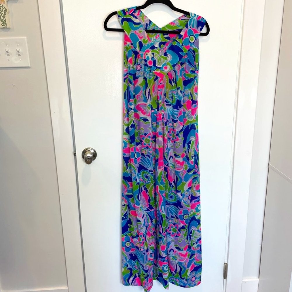 Kai Loa Hawaiian muumuu 60’s lounge dress neon pink green blue v neck maxi